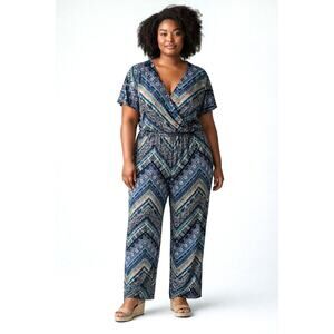 Cato Woman 22/24 Boho Geo Print Jumpsuit Wide Leg Stretch